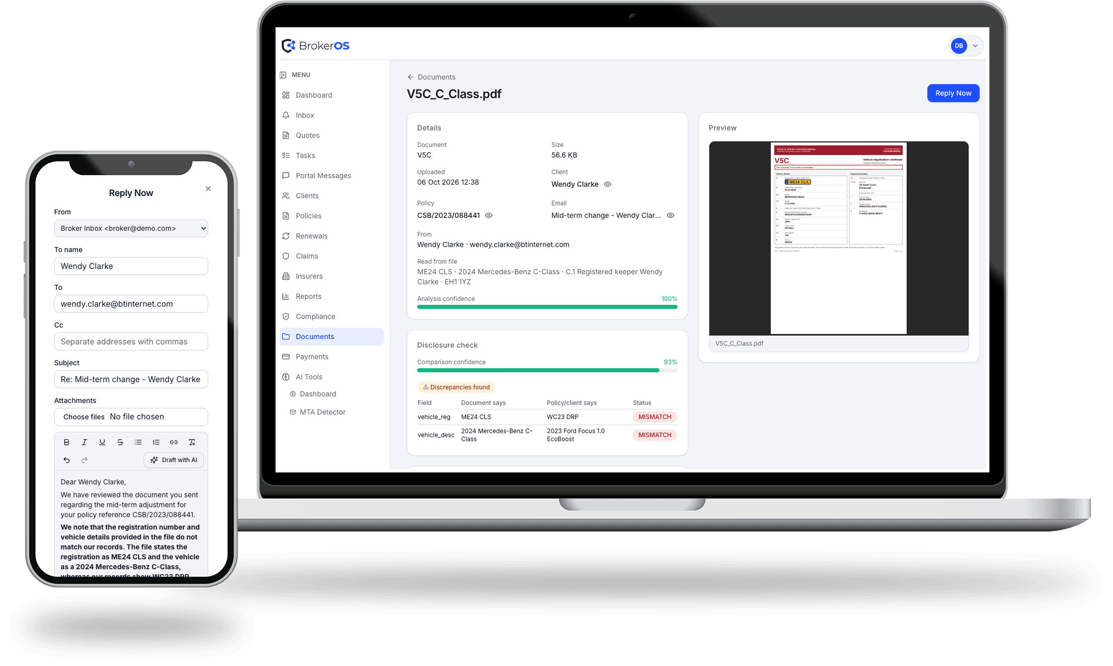 BrokerOS on laptop and phone showing disclosure workflow screens