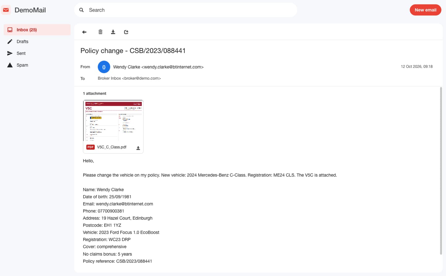 Demo broker inbox with a policy change email and V5C attachment from Wendy Clarke