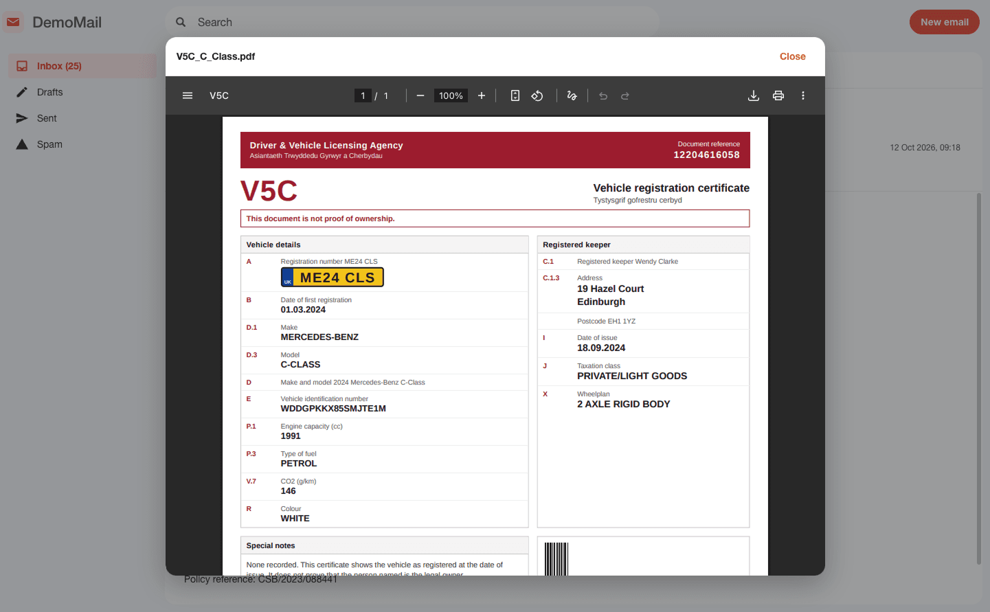 Full-screen preview of the V5C PDF opened from the broker inbox