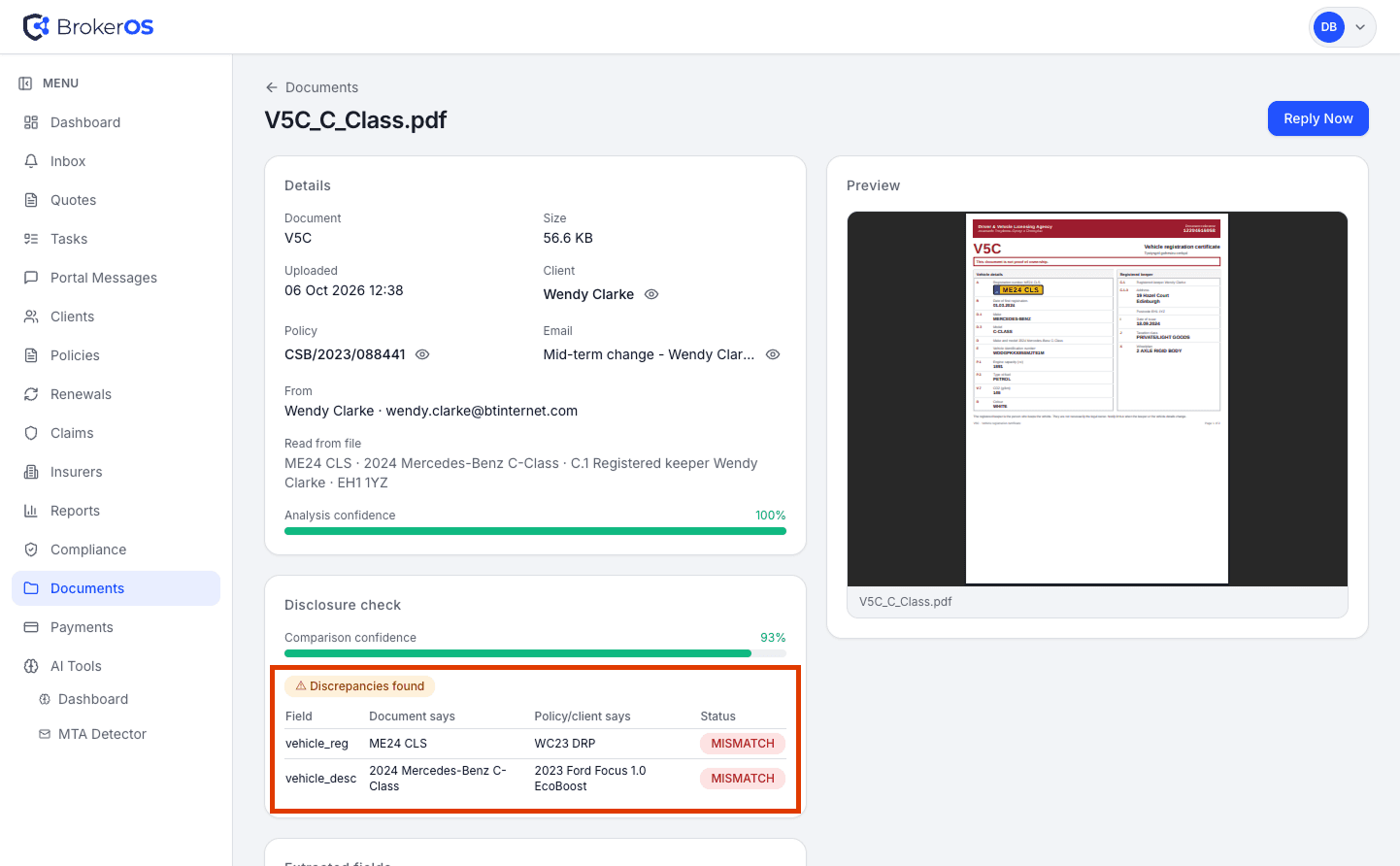 BrokerOS document view with disclosure check table showing vehicle registration and description mismatches