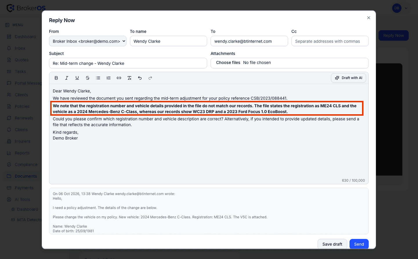 Reply Now compose window with a draft naming the registration and vehicle discrepancies